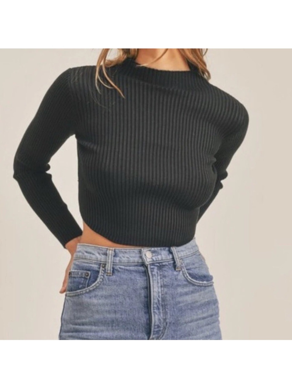 Mable Ribbed Long-Sleeve Cropped Sweater - Black